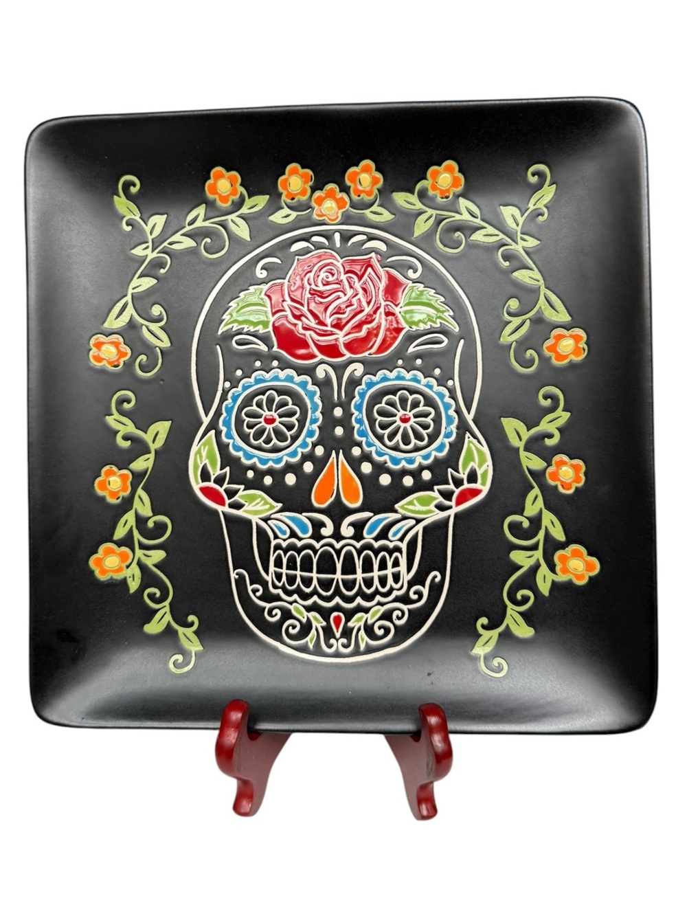 Decorative Day of the Dead Sugar Skull Wall Plate - Black with Red Rose Platter